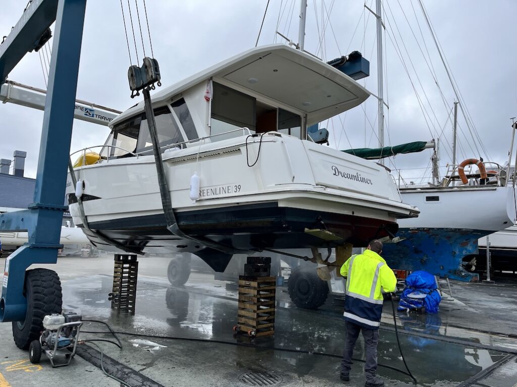 A leisure craft vessel undertaking a hull inspection.